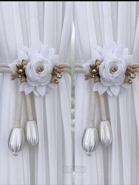 2 Piece Elegant Floral Curtain Tie-Backs. White.